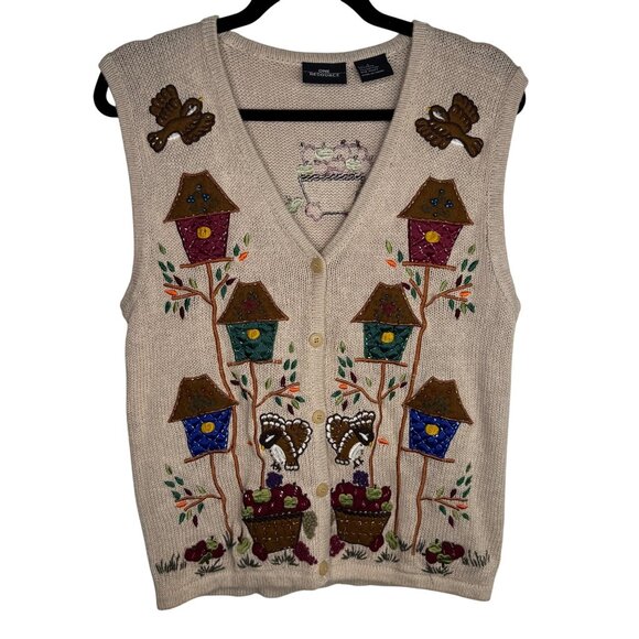 Vintage One Resource Beige Button-Up Sweater Vest Birdhouse Embroidered Sz S - Picture 1 of 8